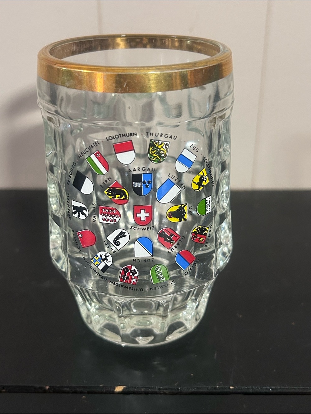 Swiss Crest Glass Beer Stein Mug with Gold Rim